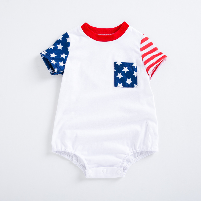 Romper de vară pentru bebeluși, unisex, mâneci scurte, cu motive stele și dungi, buzunar mic
