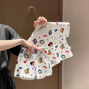 Set de pijama pentru copii, două piese, imprimeu cu desene animate, tricou cu mânecă scurtă și pantaloni scurți, din bumbac
