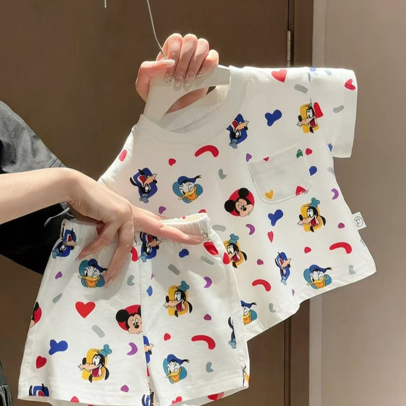 Set de pijama pentru copii, două piese, imprimeu cu desene animate, tricou cu mânecă scurtă și pantaloni scurți, din bumbac