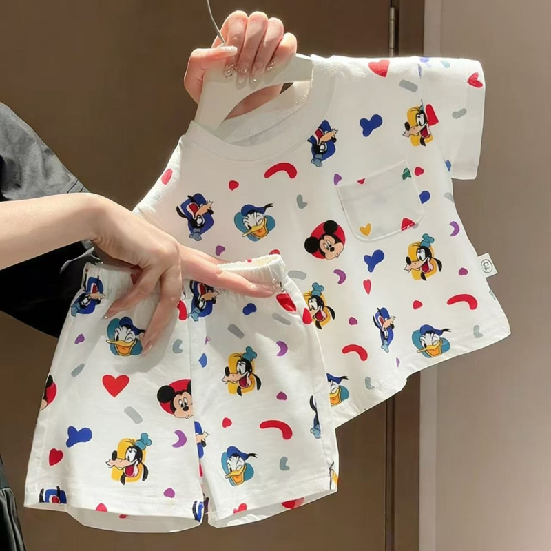Set de pijama pentru copii, două piese, imprimeu cu desene animate, tricou cu mânecă scurtă și pantaloni scurți, din bumbac