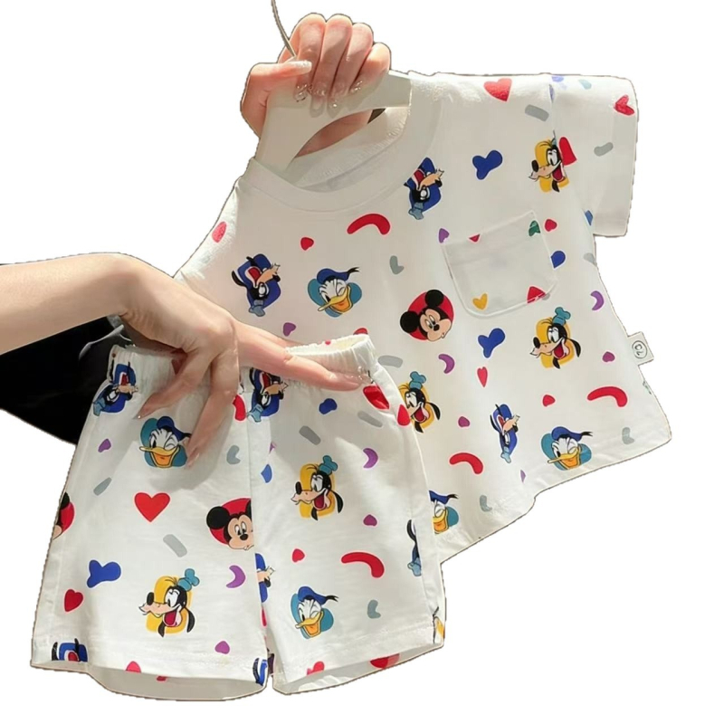 Set de pijama pentru copii, două piese, imprimeu cu desene animate, tricou cu mânecă scurtă și pantaloni scurți, din bumbac