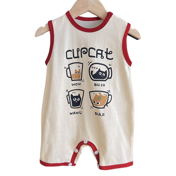Salopetă de bebeluș din bumbac, fără mâneci, vară, imprimeu pisică, unisex, pentru nou-născuți