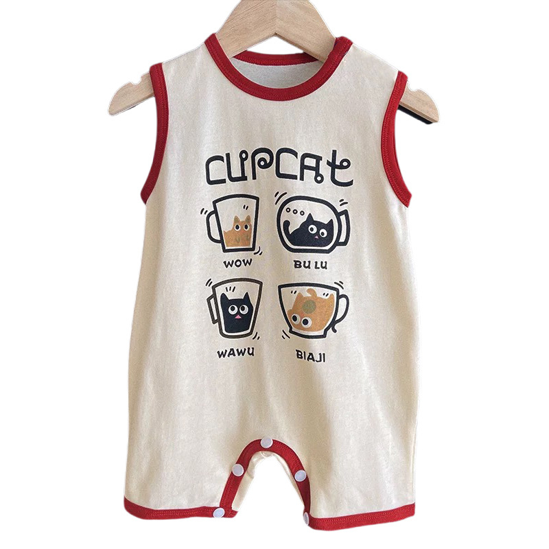 Salopetă de bebeluș din bumbac, fără mâneci, vară, imprimeu pisică, unisex, pentru nou-născuți
