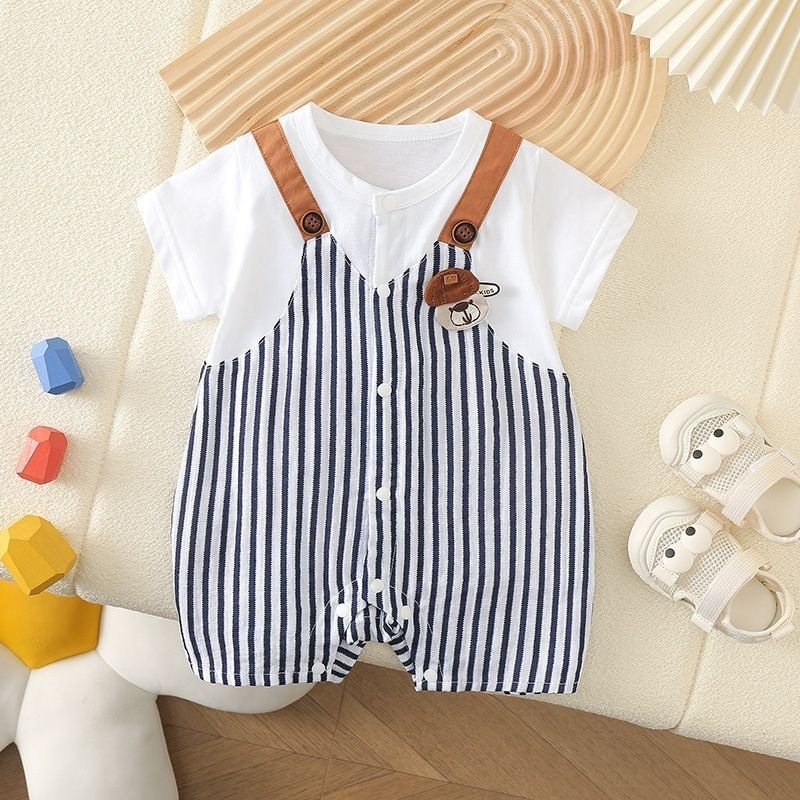 Rompers de vară pentru bebeluși, țesătură ușoară, mâneci scurte, aspect de două piese
