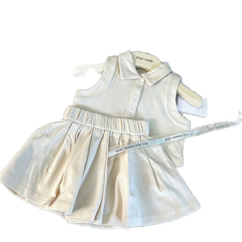 Set pentru fete: Top fără mâneci cu guler polo și fustă plisată, stil coreean, vară