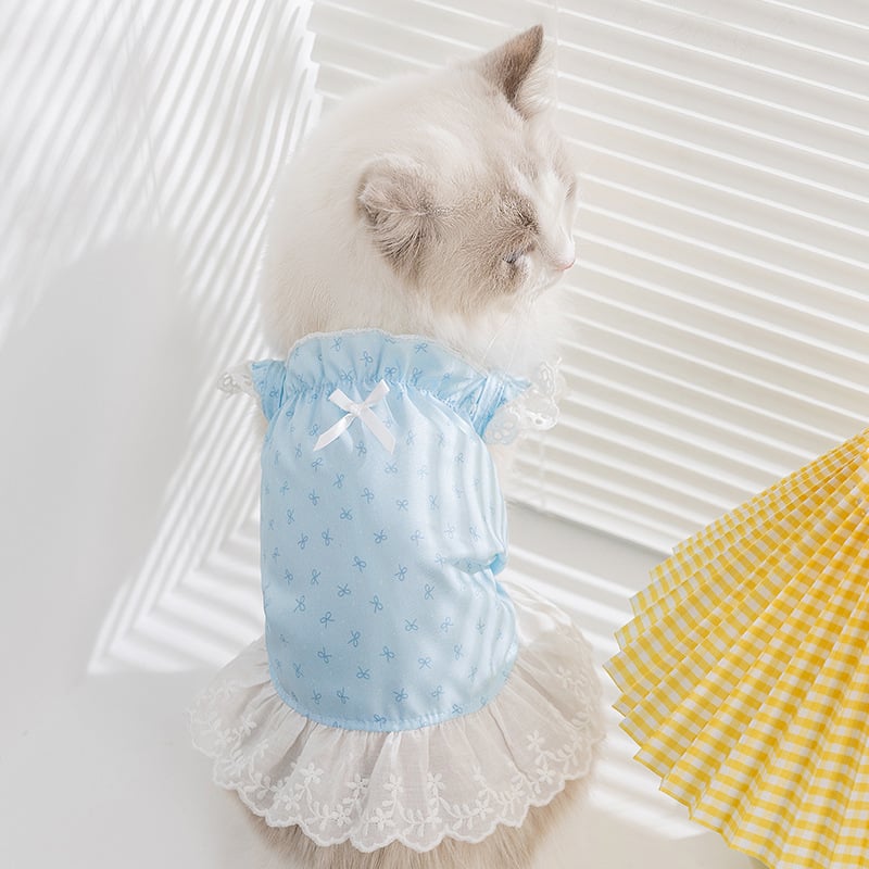 Rochie pentru pisici și câini mici, primăvară-vară, în stil domnișoară, cu dantelă cu model de fluture și bretele