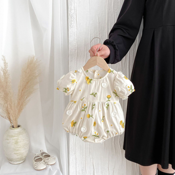 Salopetă de vară din bumbac pentru fetițe cu broderie florală, guler rotund, mâneci scurte, ușoară, 0–12 luni
