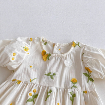 Salopetă de vară din bumbac pentru fetițe cu broderie florală, guler rotund, mâneci scurte, ușoară, 0–12 luni