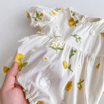 Salopetă de vară din bumbac pentru fetițe cu broderie florală, guler rotund, mâneci scurte, ușoară, 0–12 luni