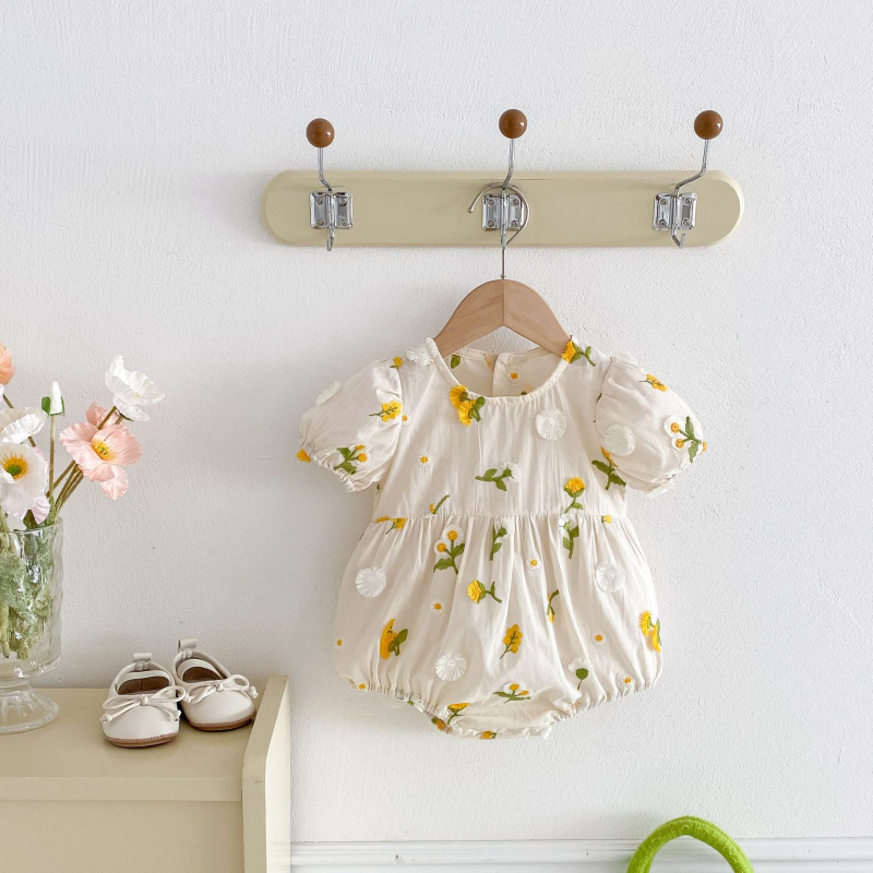 Salopetă de vară din bumbac pentru fetițe cu broderie florală, guler rotund, mâneci scurte, ușoară, 0–12 luni