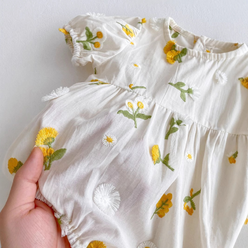 Salopetă de vară din bumbac pentru fetițe cu broderie florală, guler rotund, mâneci scurte, ușoară, 0–12 luni