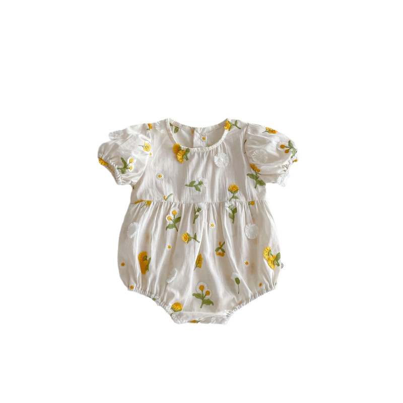 Salopetă de vară din bumbac pentru fetițe cu broderie florală, guler rotund, mâneci scurte, ușoară, 0–12 luni