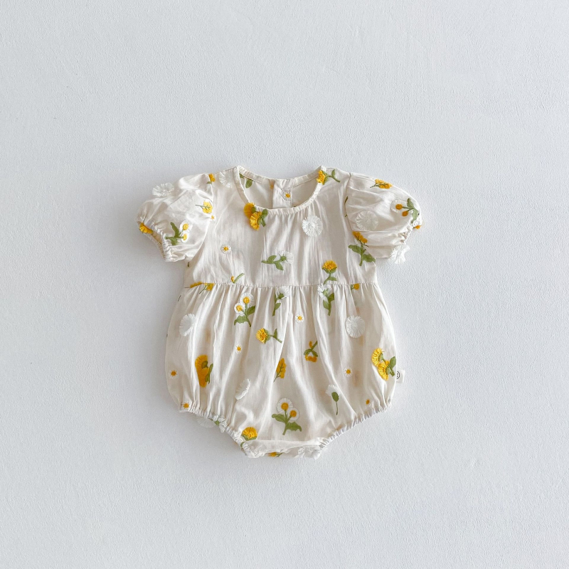 Salopetă de vară din bumbac pentru fetițe cu broderie florală, guler rotund, mâneci scurte, ușoară, 0–12 luni