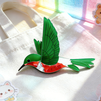 Broșă din acril, elegantă, în formă de colibri verde, realizată manual