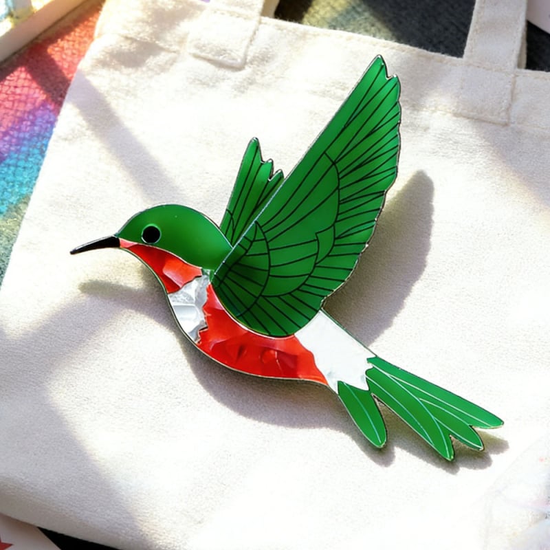 Broșă din acril, elegantă, în formă de colibri verde, realizată manual