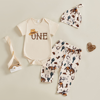 Set de pijamale de vară pentru băieți, cu elemente occidentale — tricou cu mânecă scurtă, pantaloni și pălărie, 3 piese