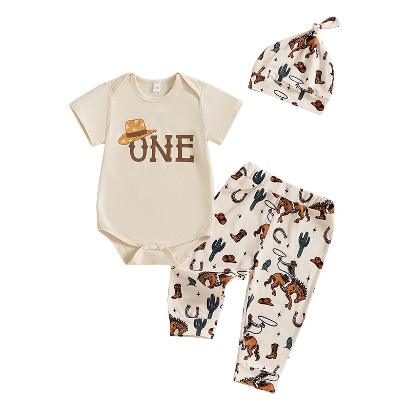 Set de pijamale de vară pentru băieți, cu elemente occidentale — tricou cu mânecă scurtă, pantaloni și pălărie, 3 piese