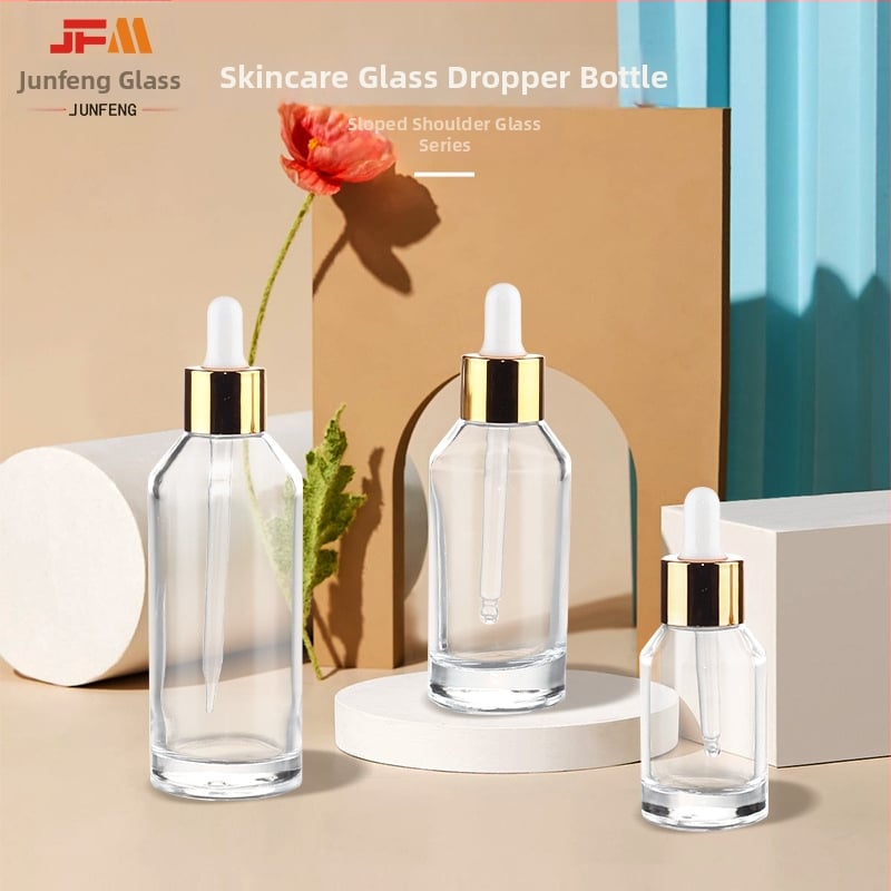 Sticluță din sticlă transparentă cu pipetă pentru esență cosmetică, design cu umăr înclinat, capacitate 30/50/100 ml