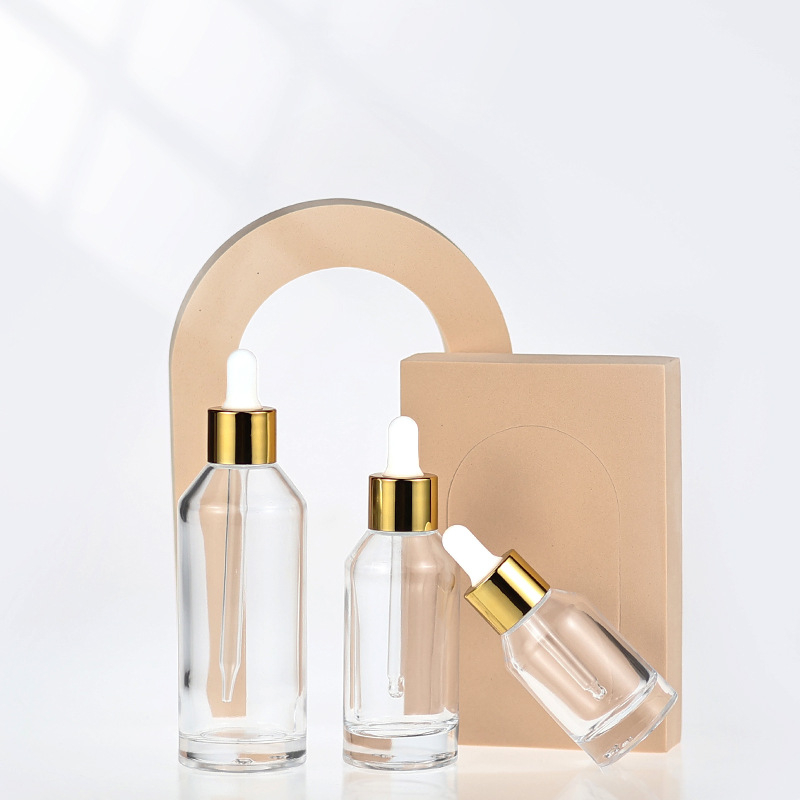 Sticluță din sticlă transparentă cu pipetă pentru esență cosmetică, design cu umăr înclinat, capacitate 30/50/100 ml