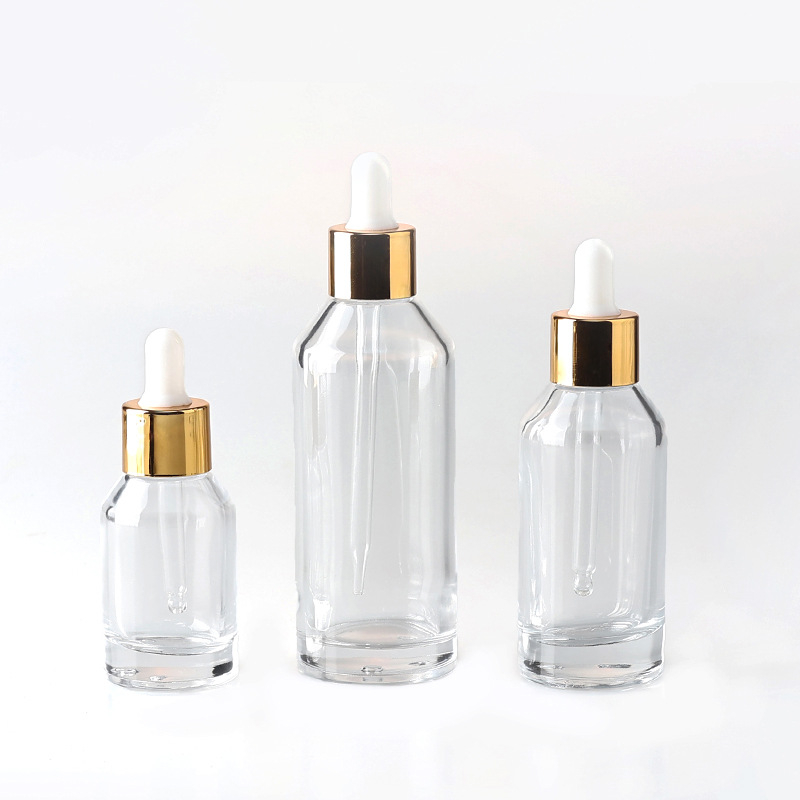 Sticluță din sticlă transparentă cu pipetă pentru esență cosmetică, design cu umăr înclinat, capacitate 30/50/100 ml