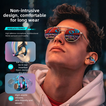 Căști Bluetooth cu conducție osoasă, design clip pentru ureche, wireless, afișaj digital, reducere a zgomotului, autonomie lungă, Bluetooth 5.3