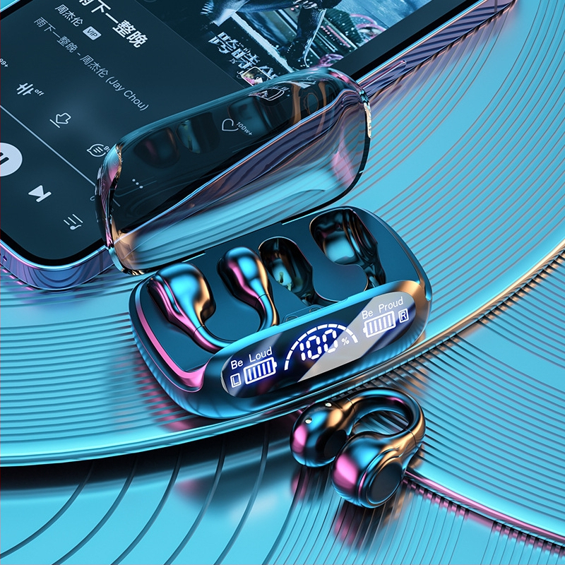 Căști Bluetooth cu conducție osoasă, design clip pentru ureche, wireless, afișaj digital, reducere a zgomotului, autonomie lungă, Bluetooth 5.3