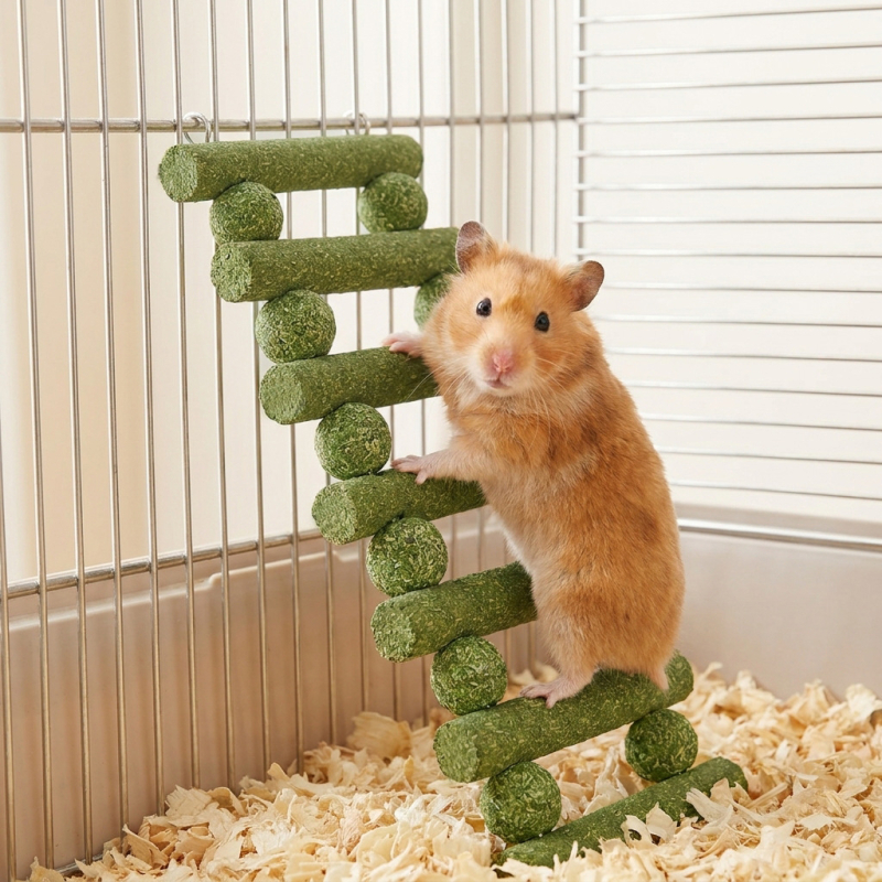 Scară de hamster din praf de iarbă comestibil, jucărie 2 în 1 pentru cățărare în interior și lustruire a dinților, pentru hamsteri aurii