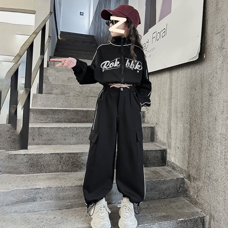 Set din două piese pentru fete: geacă cu mâneci lungi brodată și pantaloni, stil sport coreean, toamnă 2024