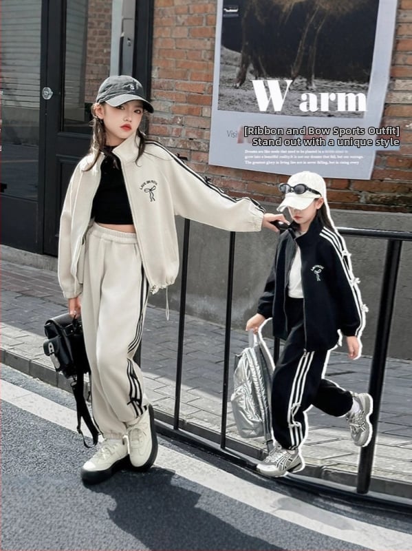 2025 Nou set pentru fete: costum sport-casual din două piese cu geacă cu mâneci lungi și pantaloni, primăvară-toamnă