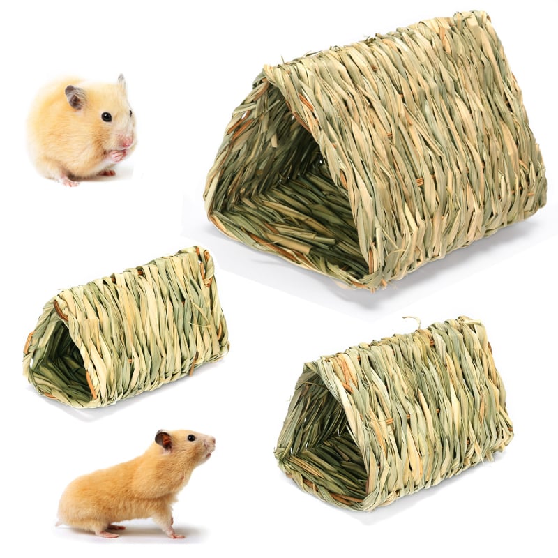 Casă de hamster țesută manual din paie, cu tunel
