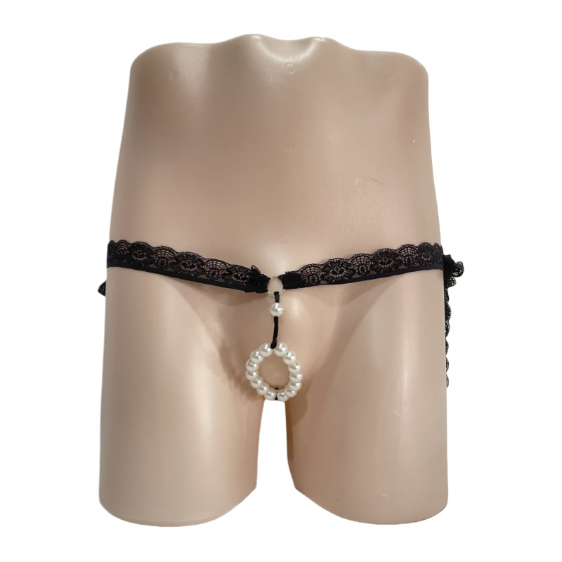 Tanga masculină cu șireturi reglabile, dantelă și perle