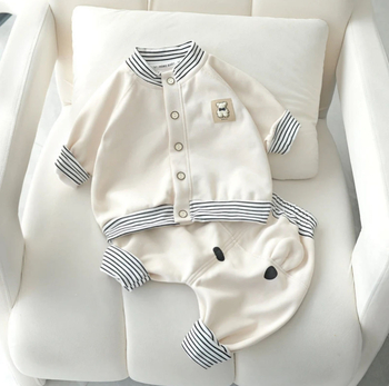 Set din două piese pentru bebeluși, stil coreean, jachetă și pantaloni cu imprimeu desen animat în dungi, talie înaltă, mâneci lungi, amestec de bumbac, pentru 1–3 ani, primăvară-toamnă
