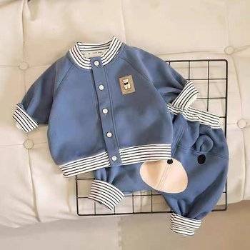 Set din două piese pentru bebeluși, stil coreean, jachetă și pantaloni cu imprimeu desen animat în dungi, talie înaltă, mâneci lungi, amestec de bumbac, pentru 1–3 ani, primăvară-toamnă
