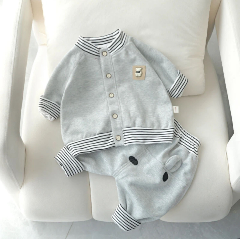 Set din două piese pentru bebeluși, stil coreean, jachetă și pantaloni cu imprimeu desen animat în dungi, talie înaltă, mâneci lungi, amestec de bumbac, pentru 1–3 ani, primăvară-toamnă