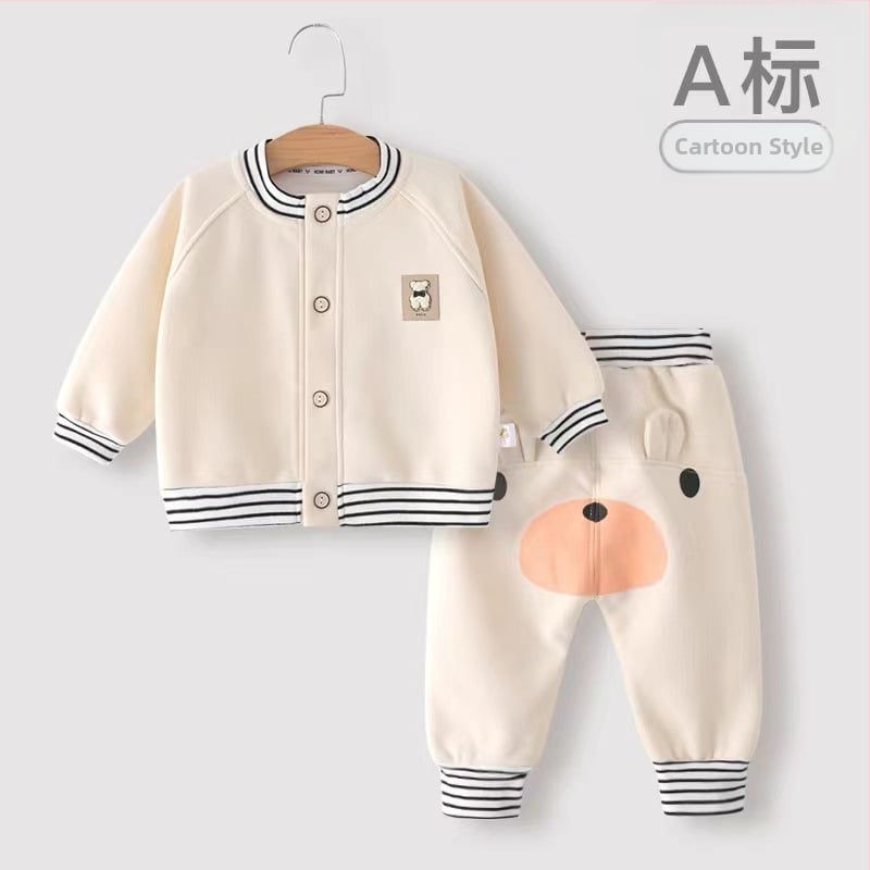 Set din două piese pentru bebeluși, stil coreean, jachetă și pantaloni cu imprimeu desen animat în dungi, talie înaltă, mâneci lungi, amestec de bumbac, pentru 1–3 ani, primăvară-toamnă