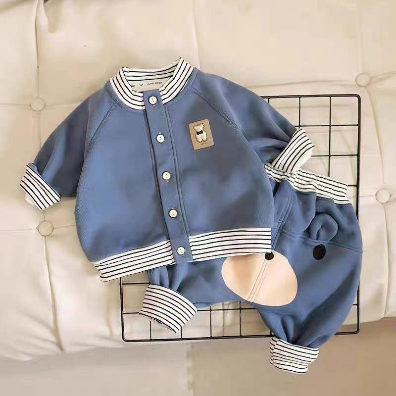 Set din două piese pentru bebeluși, stil coreean, jachetă și pantaloni cu imprimeu desen animat în dungi, talie înaltă, mâneci lungi, amestec de bumbac, pentru 1–3 ani, primăvară-toamnă