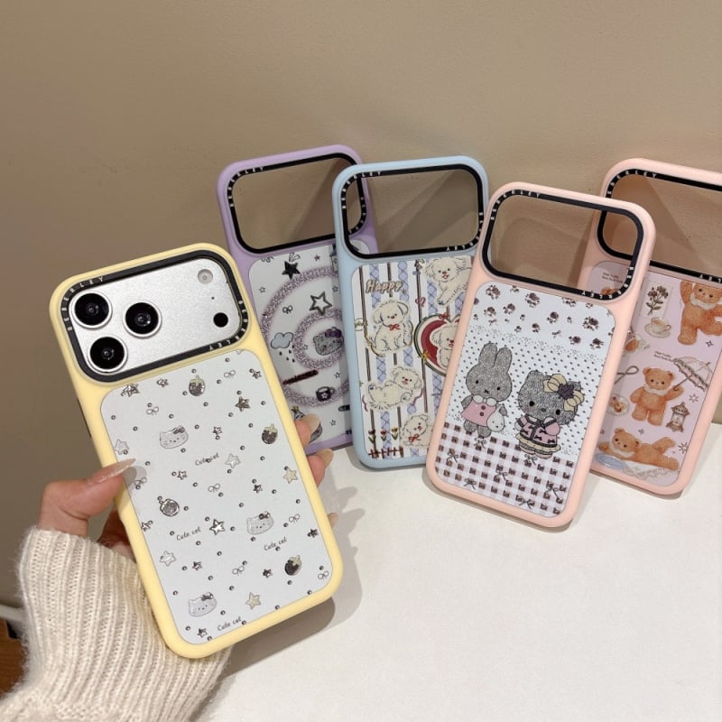 Carcasă pentru telefon în stil Instagram cu animale desenate și relief auriu pentru iPhone 17/16 Pro și iPhone 15 Pro