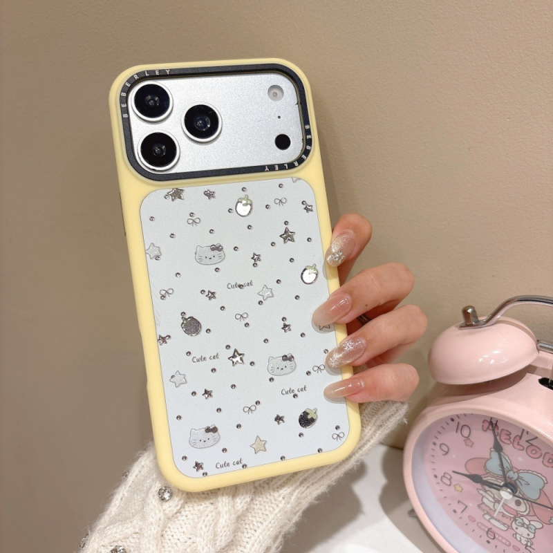 Carcasă pentru telefon în stil Instagram cu animale desenate și relief auriu pentru iPhone 17/16 Pro și iPhone 15 Pro