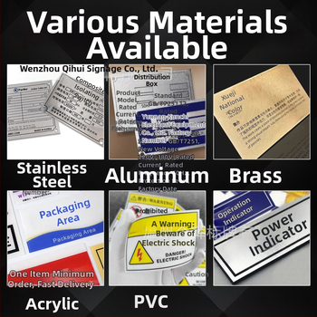 Plăci metalice pentru echipamente cu logo personalizat; materiale: oțel inoxidabil, aluminiu, alamă, acrilic sau PVC; plăci bicolor pentru branding și etichetare; marcare UV și serigrafie.