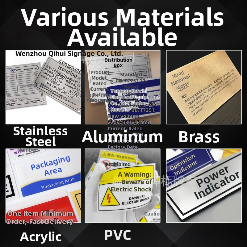 Plăci metalice pentru echipamente cu logo personalizat; materiale: oțel inoxidabil, aluminiu, alamă, acrilic sau PVC; plăci bicolor pentru branding și etichetare; marcare UV și serigrafie.