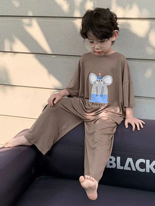 Pijamale de vară pentru copii din Ice Silk, țesătură subțire, top cu mânecă scurtă și pantaloni lungi, pentru băieți de peste 8 ani