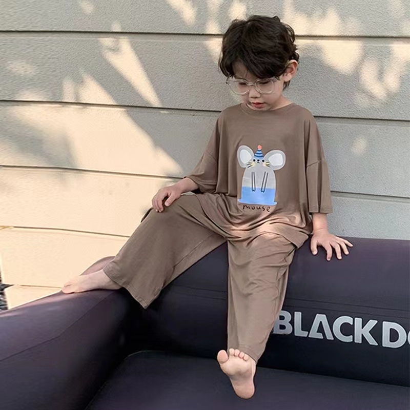 Pijamale de vară pentru copii din Ice Silk, țesătură subțire, top cu mânecă scurtă și pantaloni lungi, pentru băieți de peste 8 ani