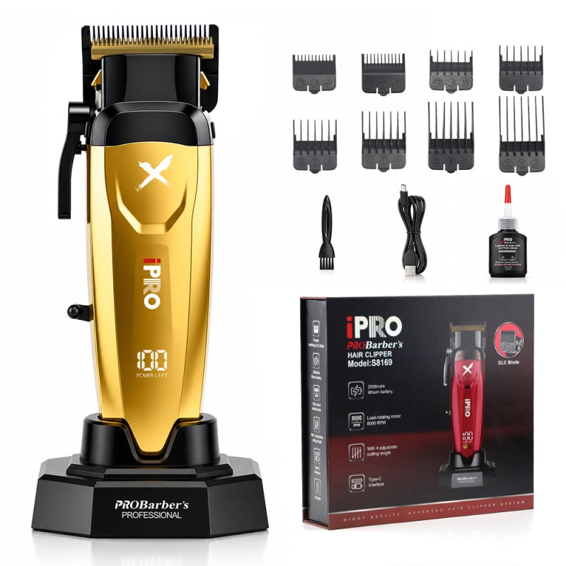 IPRO tunsor de păr pentru salon, viteză mare, reîncărcabil, afișaj digital, motor brushless