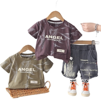 Set de vară pentru copii din două piese: tricou cu mânecă scurtă și pantaloni scurți, bumbac, imprimeu cu litere, unisex, stil coreean