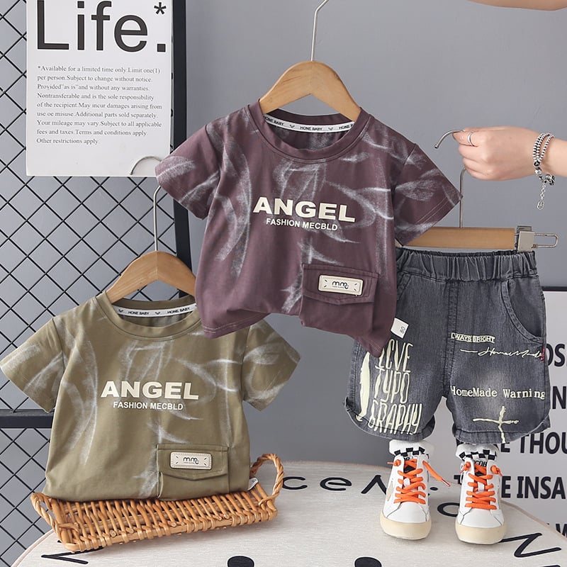 Set de vară pentru copii din două piese: tricou cu mânecă scurtă și pantaloni scurți, bumbac, imprimeu cu litere, unisex, stil coreean