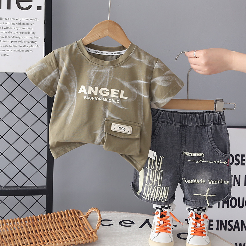 Set de vară pentru copii din două piese: tricou cu mânecă scurtă și pantaloni scurți, bumbac, imprimeu cu litere, unisex, stil coreean