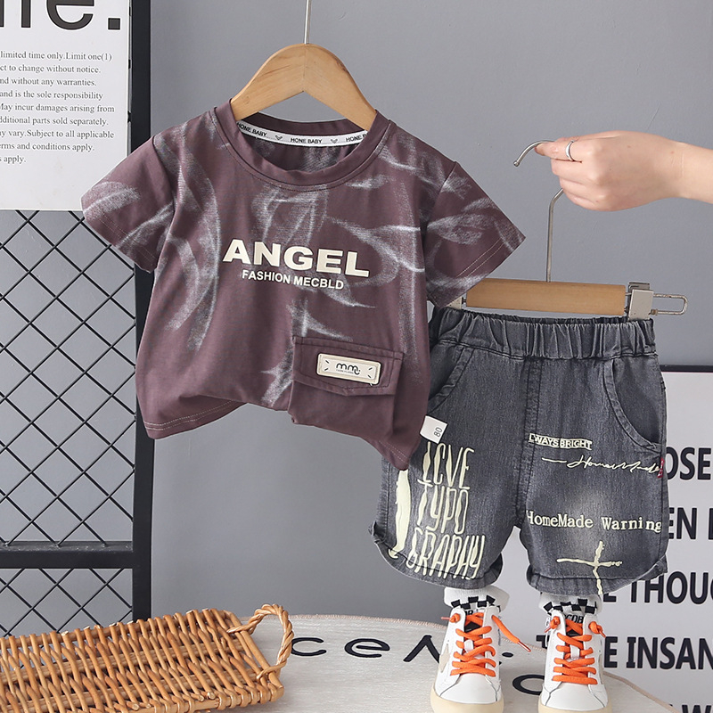 Set de vară pentru copii din două piese: tricou cu mânecă scurtă și pantaloni scurți, bumbac, imprimeu cu litere, unisex, stil coreean