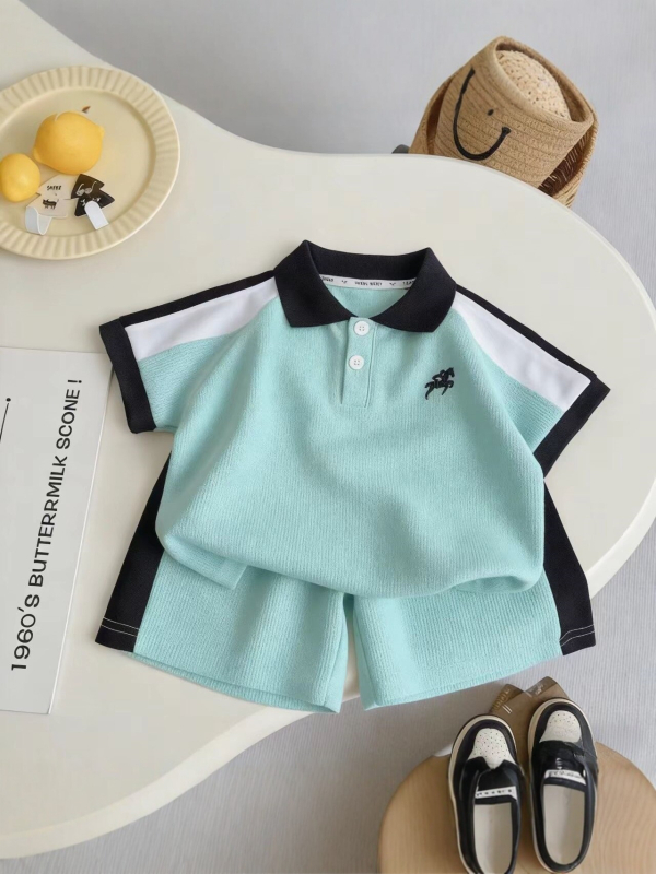 Set polo color-block pentru băieți, ținută de vară din două piese
