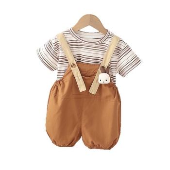 Set de vară pentru copii, două piese, bumbac, imprimeu iepuraș în dungi, tricou cu mânecă scurtă și pantaloni scurți