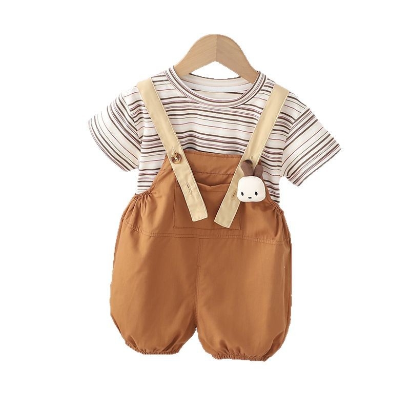 Set de vară pentru copii, două piese, bumbac, imprimeu iepuraș în dungi, tricou cu mânecă scurtă și pantaloni scurți